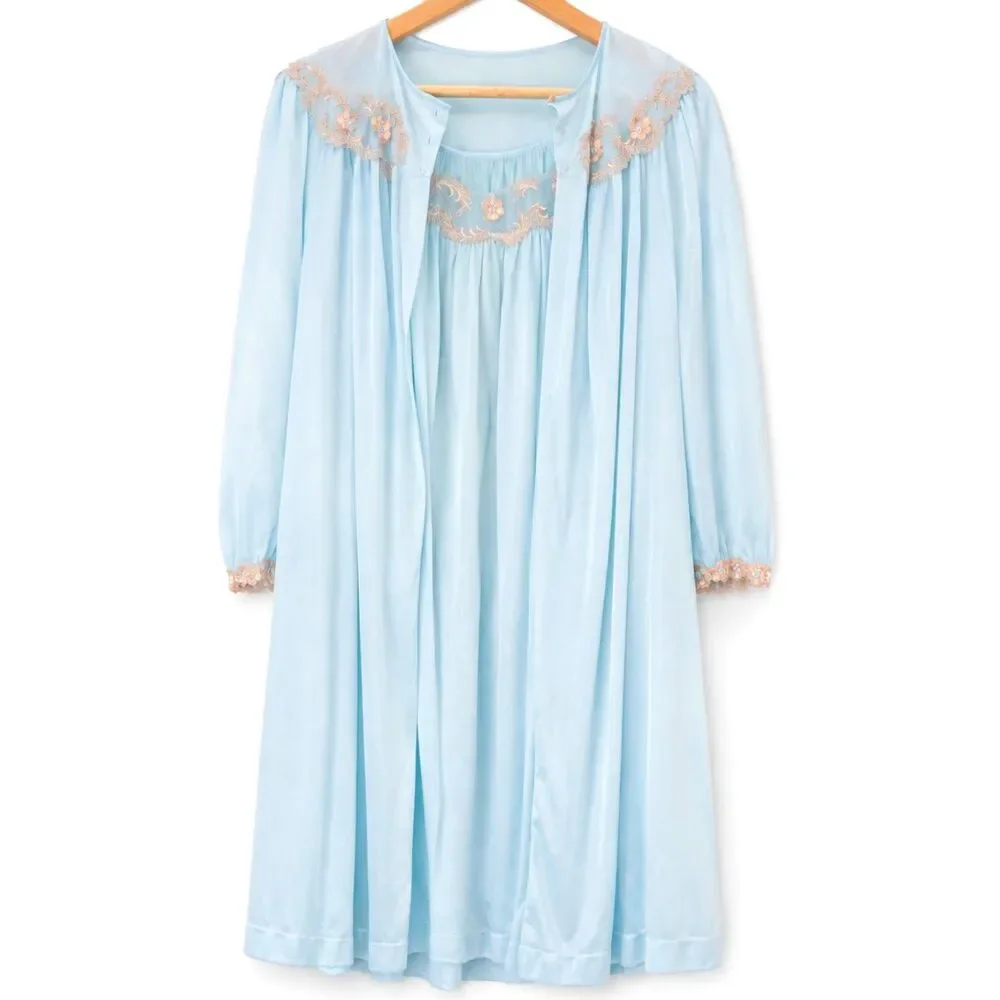 Vintage Pinehurst Blue Peignoir Set w/ Embroidered Lace Trim Med Robe Nightgown